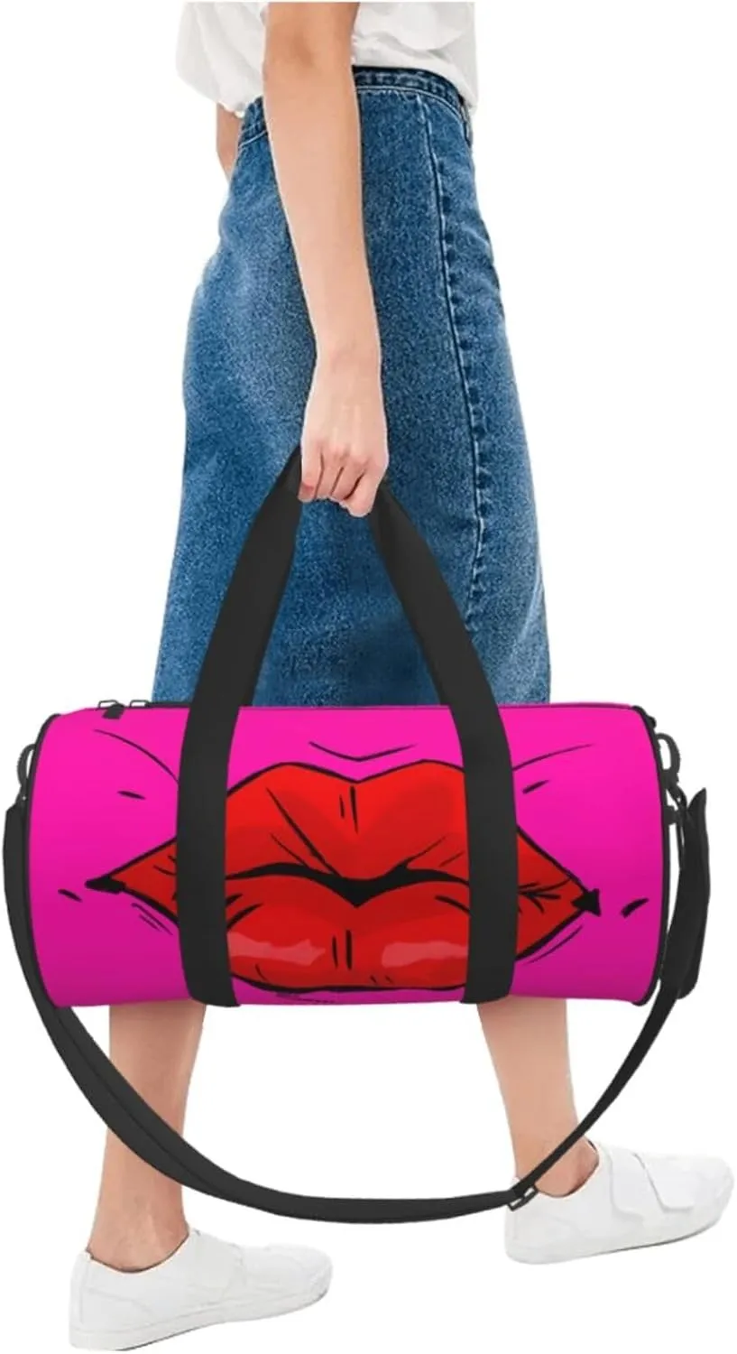 Hot Red Lips Kissing Round Travel Duffel Bag Large Capacity Gym Sports Bags for Hiking Vacation Trips