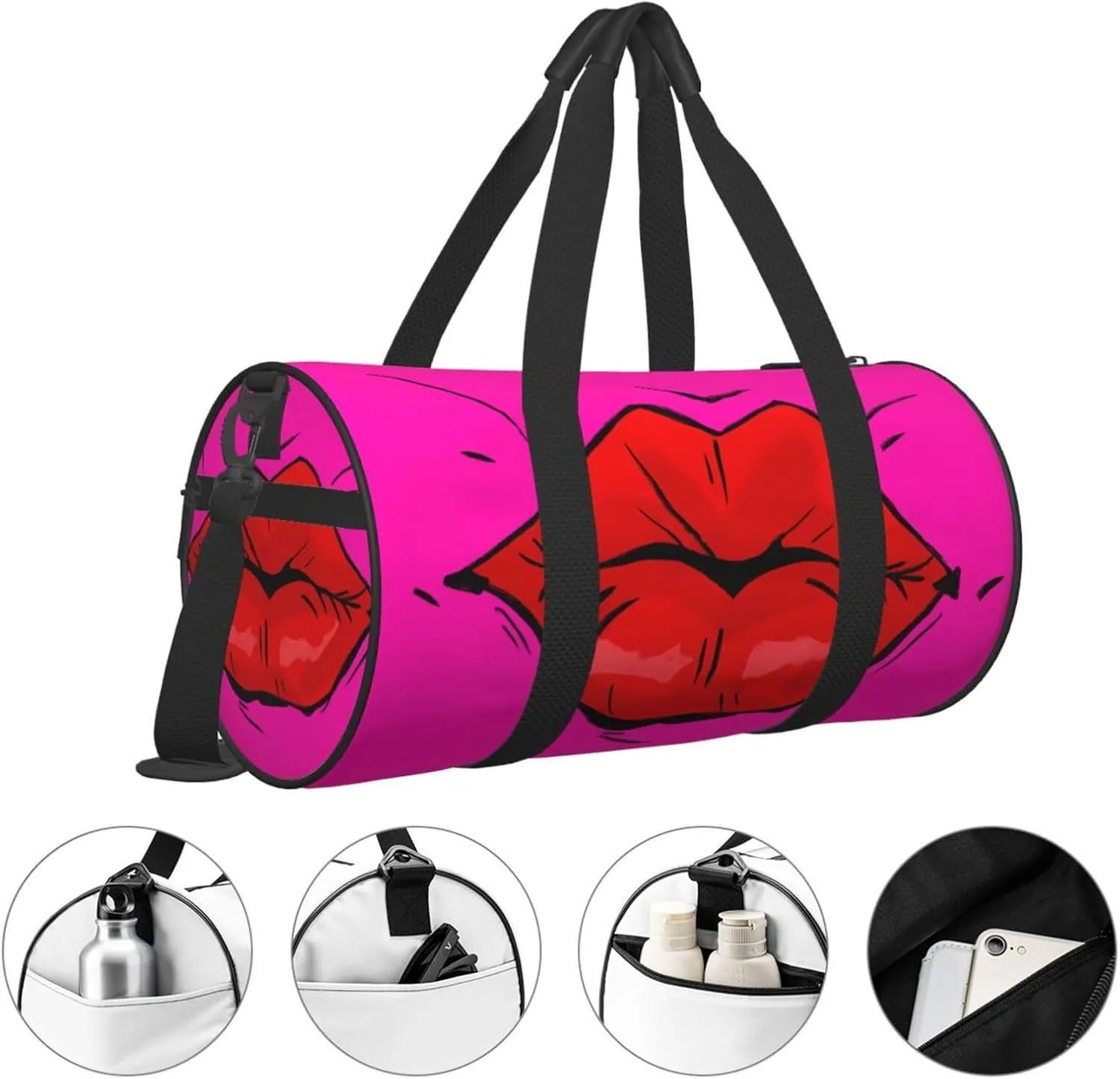 Hot Red Lips Kissing Round Travel Duffel Bag Large Capacity Gym Sports Bags for Hiking Vacation Trips