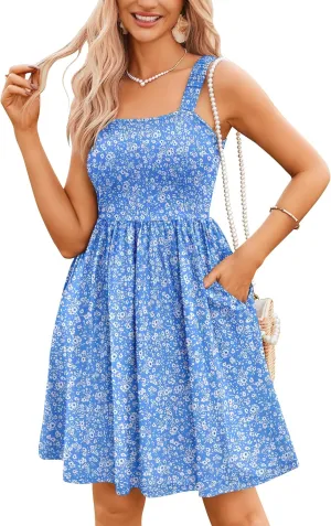 HOTOUCH Women's Summer Dress Floral Square Neck Sleeveless Casual Dress with Pockets A-line Swing Mini Dresses Sundress