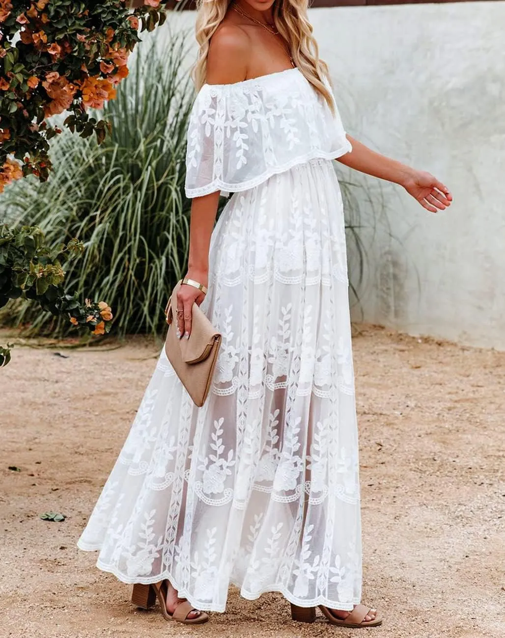 HOYISHION Women's Off The Shoulder Floral Lace Maxi Dress White Bridesmaid Wedding Party Maternity Photoshoot Long Dresses