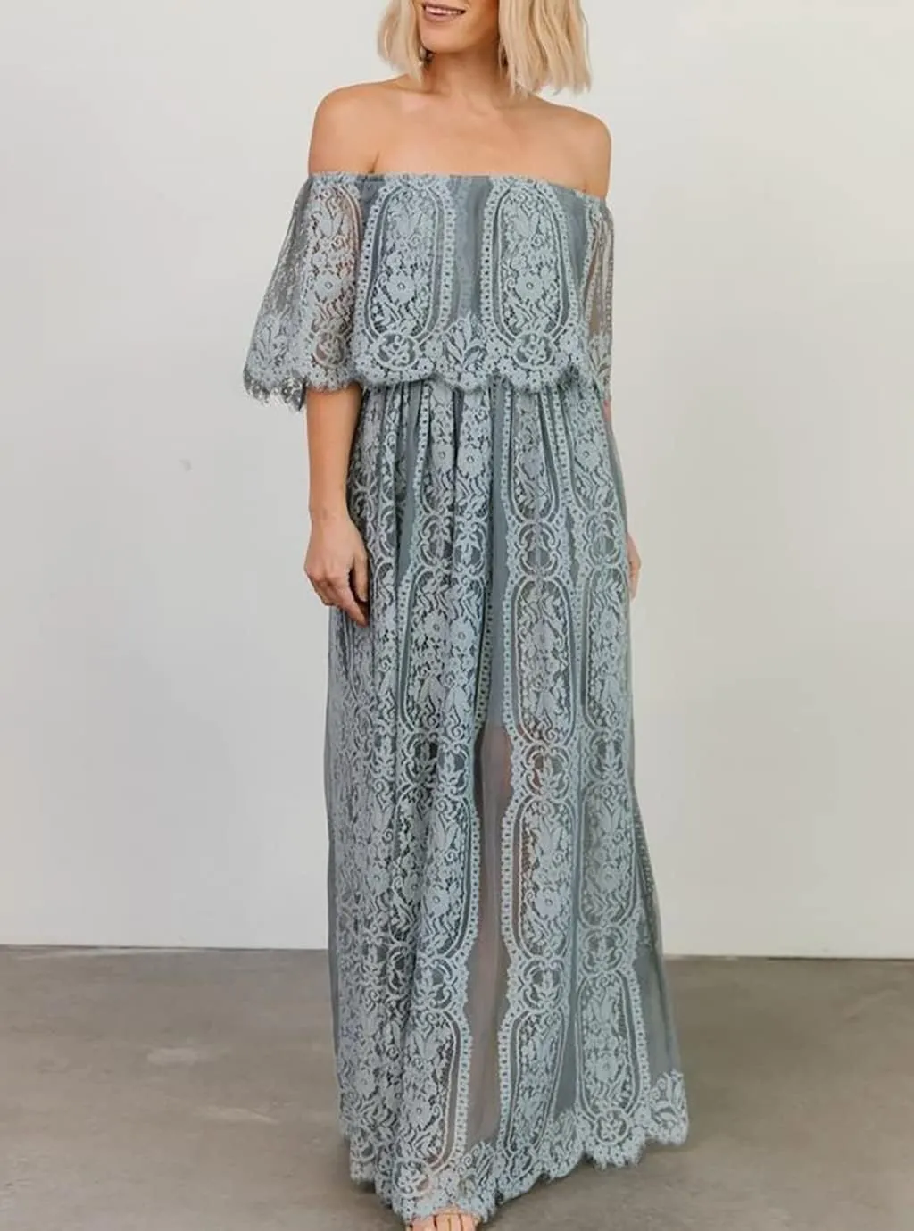 HOYISHION Women's Off The Shoulder Floral Lace Maxi Dress White Bridesmaid Wedding Party Maternity Photoshoot Long Dresses