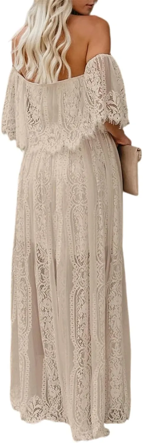HOYISHION Women's Off The Shoulder Floral Lace Maxi Dress White Bridesmaid Wedding Party Maternity Photoshoot Long Dresses