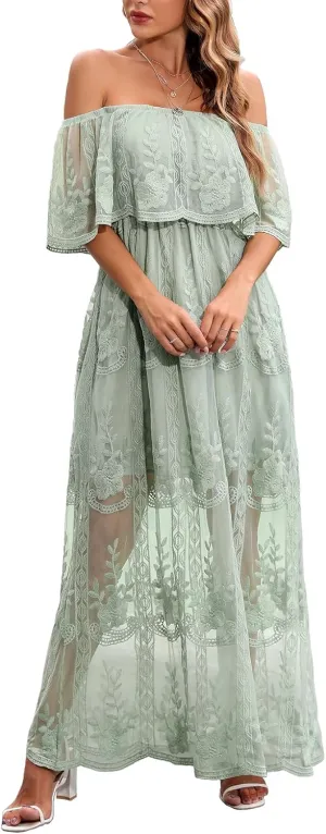 HOYISHION Women's Off The Shoulder Floral Lace Maxi Dress White Bridesmaid Wedding Party Maternity Photoshoot Long Dresses