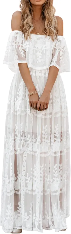 HOYISHION Women's Off The Shoulder Floral Lace Maxi Dress White Bridesmaid Wedding Party Maternity Photoshoot Long Dresses