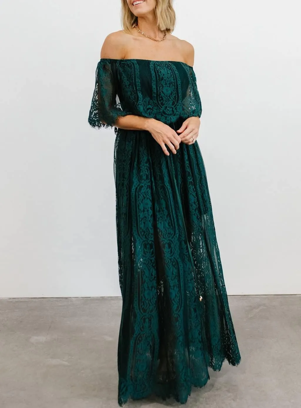 HOYISHION Women's Off The Shoulder Floral Lace Maxi Dress White Bridesmaid Wedding Party Maternity Photoshoot Long Dresses