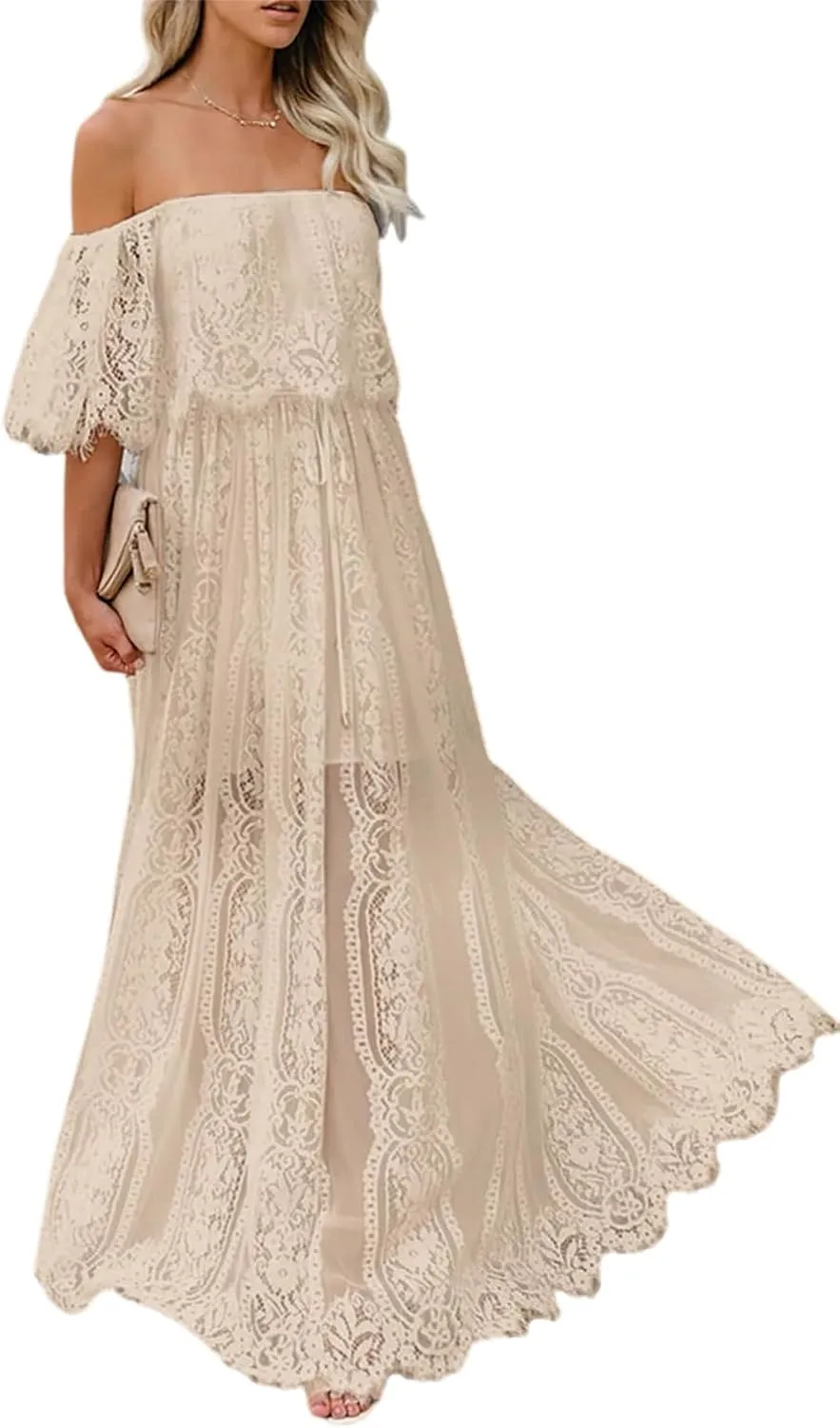 HOYISHION Women's Off The Shoulder Floral Lace Maxi Dress White Bridesmaid Wedding Party Maternity Photoshoot Long Dresses