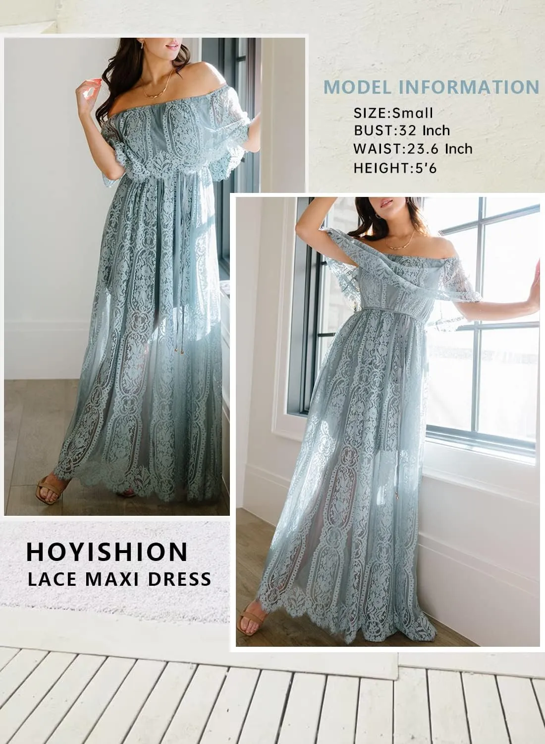 HOYISHION Women's Off The Shoulder Floral Lace Maxi Dress White Bridesmaid Wedding Party Maternity Photoshoot Long Dresses