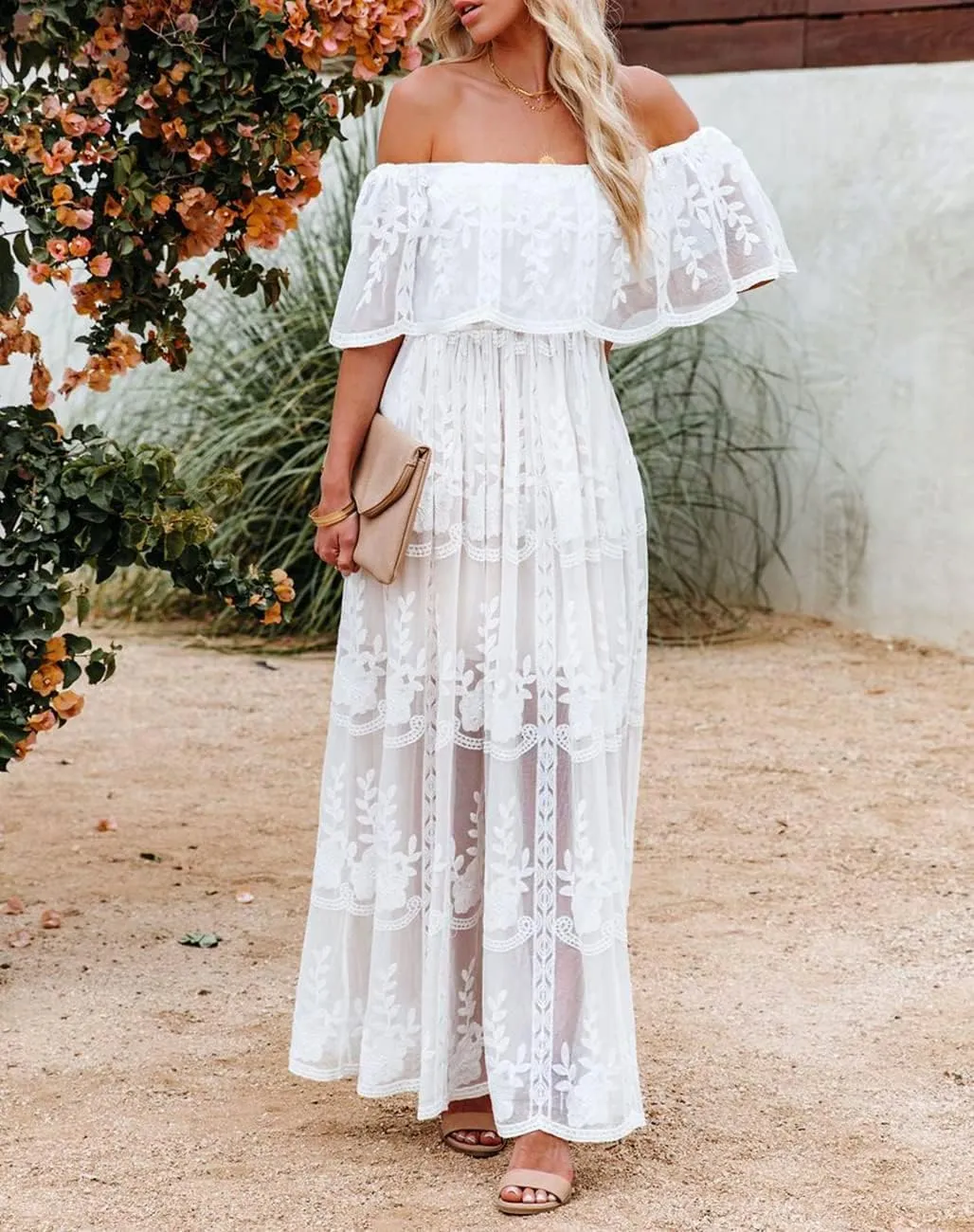 HOYISHION Women's Off The Shoulder Floral Lace Maxi Dress White Bridesmaid Wedding Party Maternity Photoshoot Long Dresses