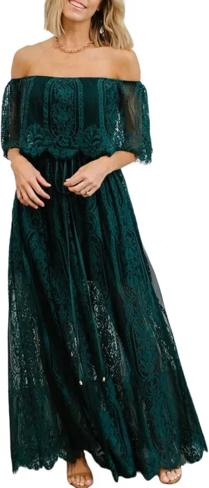 HOYISHION Women's Off The Shoulder Floral Lace Maxi Dress White Bridesmaid Wedding Party Maternity Photoshoot Long Dresses