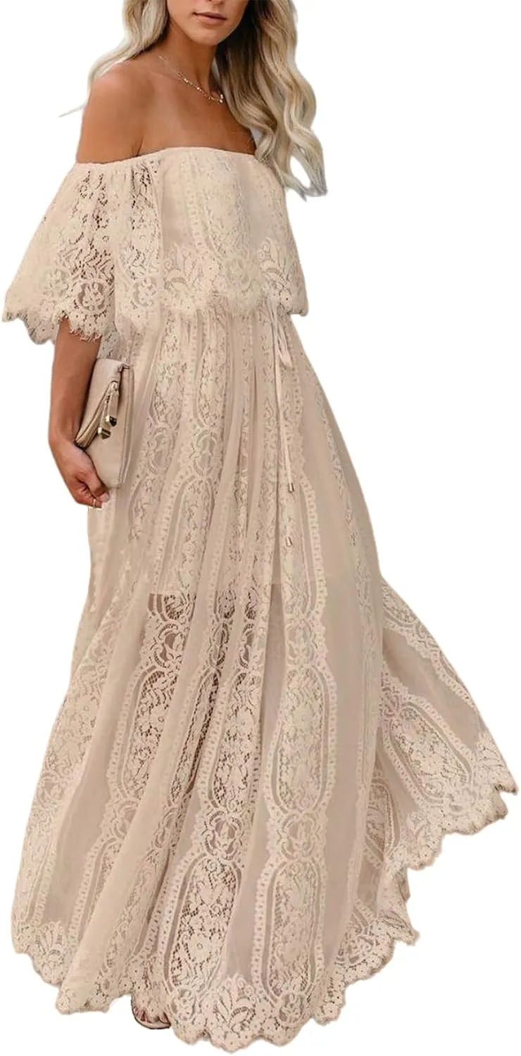 HOYISHION Women's Off The Shoulder Floral Lace Maxi Dress White Bridesmaid Wedding Party Maternity Photoshoot Long Dresses