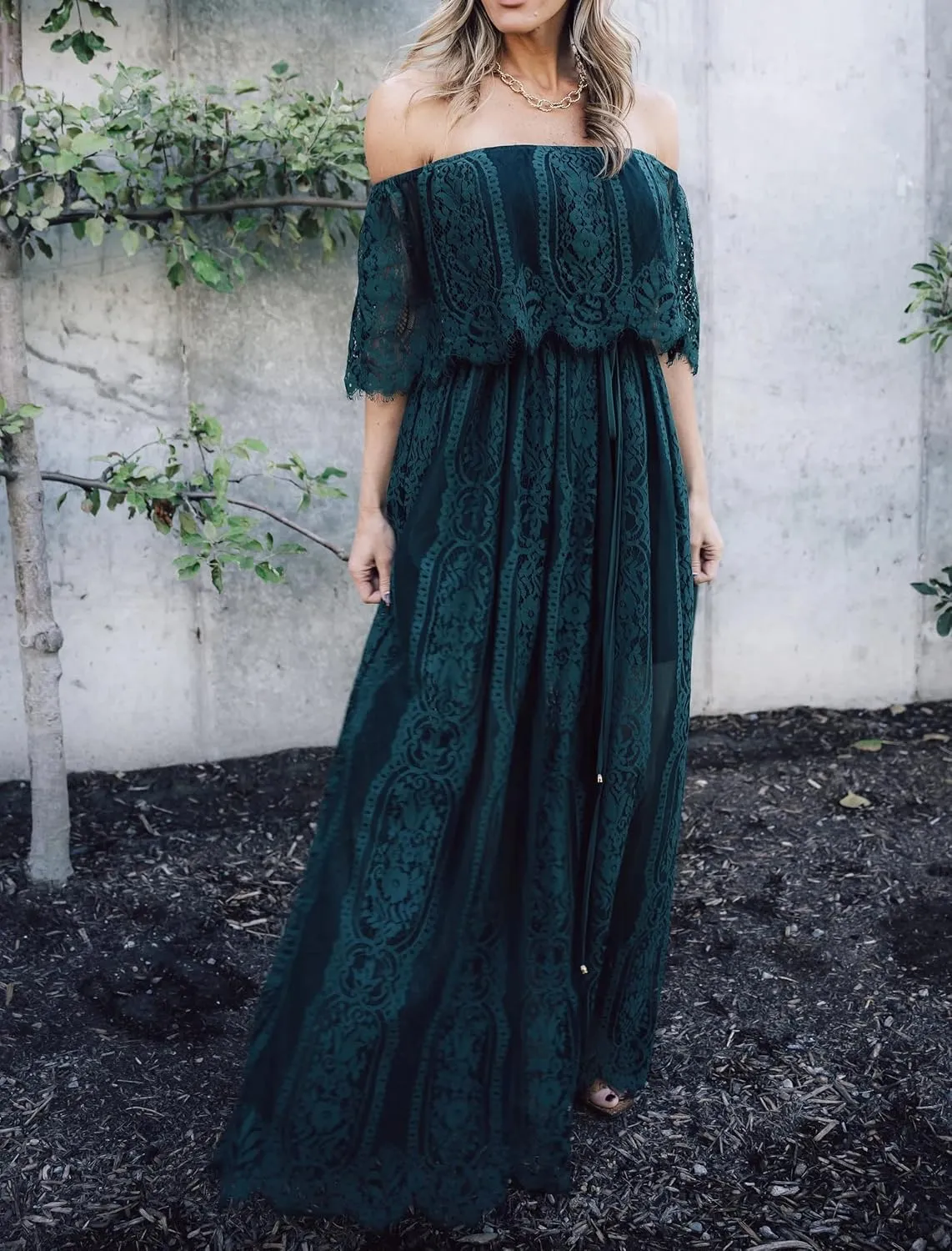 HOYISHION Women's Off The Shoulder Floral Lace Maxi Dress White Bridesmaid Wedding Party Maternity Photoshoot Long Dresses