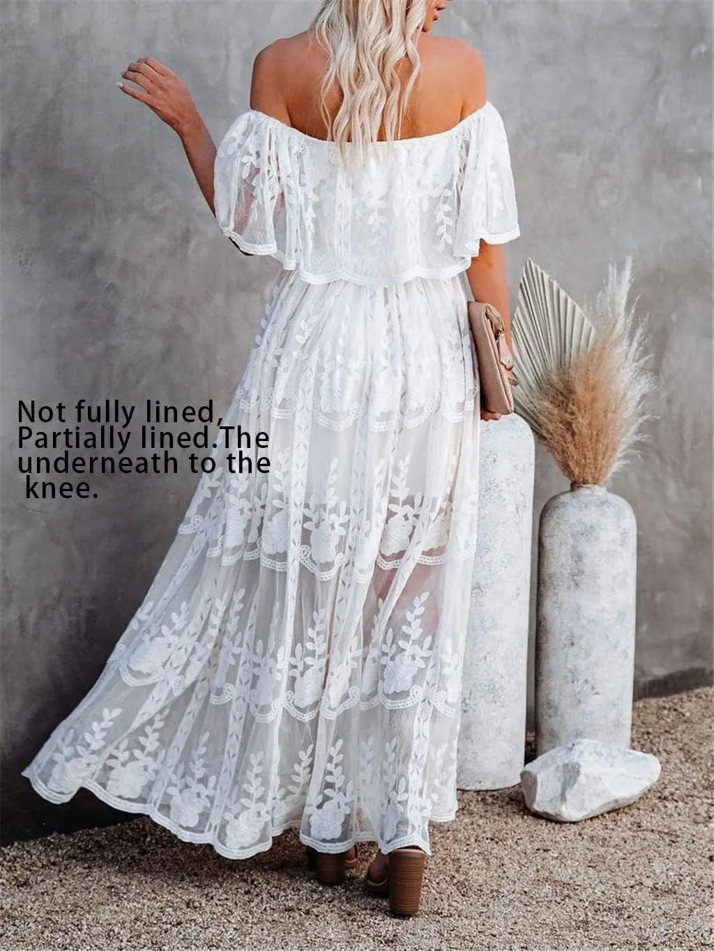 HOYISHION Women's Off The Shoulder Floral Lace Maxi Dress White Bridesmaid Wedding Party Maternity Photoshoot Long Dresses