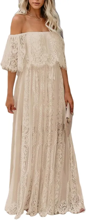 HOYISHION Women's Off The Shoulder Floral Lace Maxi Dress White Bridesmaid Wedding Party Maternity Photoshoot Long Dresses