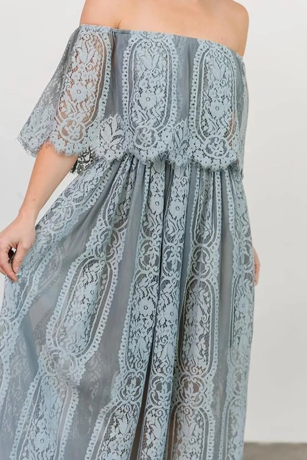 HOYISHION Women's Off The Shoulder Floral Lace Maxi Dress White Bridesmaid Wedding Party Maternity Photoshoot Long Dresses