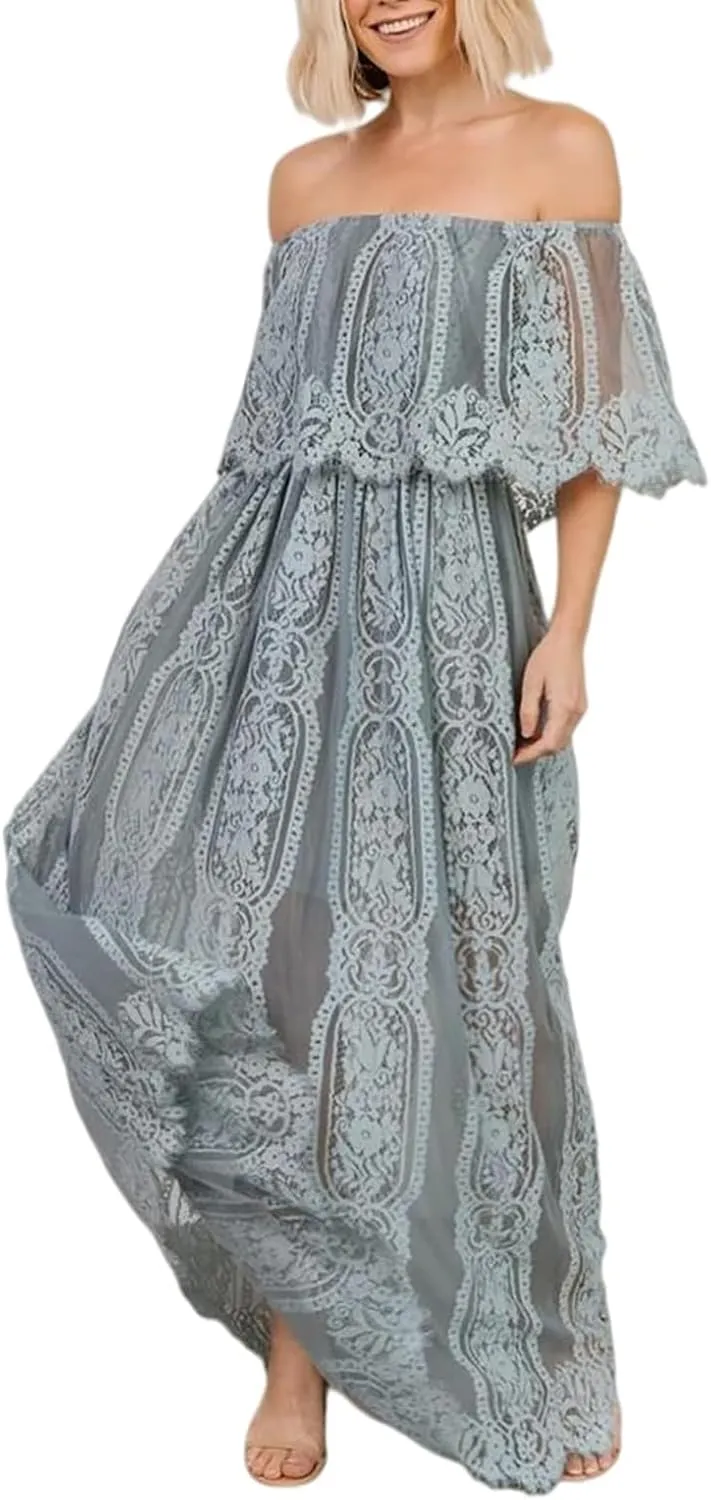 HOYISHION Women's Off The Shoulder Floral Lace Maxi Dress White Bridesmaid Wedding Party Maternity Photoshoot Long Dresses