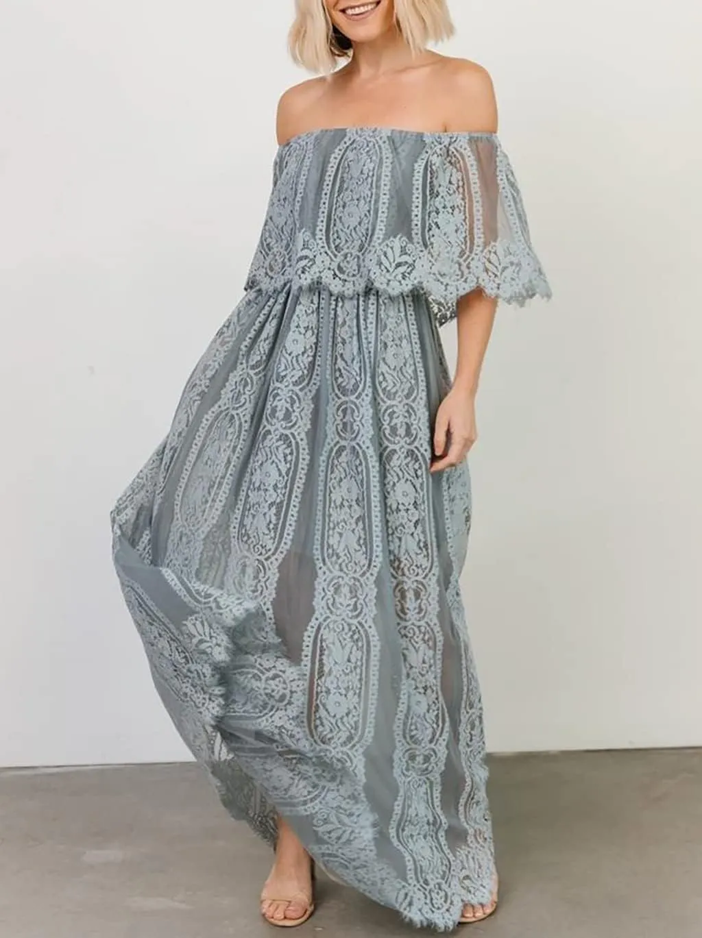 HOYISHION Women's Off The Shoulder Floral Lace Maxi Dress White Bridesmaid Wedding Party Maternity Photoshoot Long Dresses