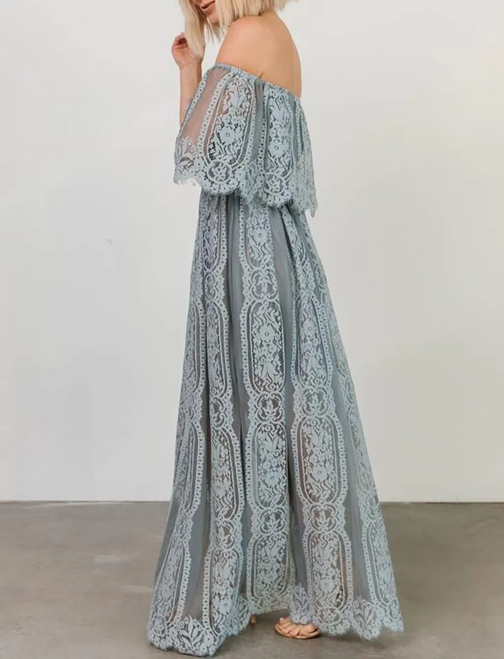 HOYISHION Women's Off The Shoulder Floral Lace Maxi Dress White Bridesmaid Wedding Party Maternity Photoshoot Long Dresses