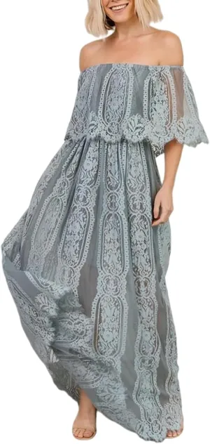 HOYISHION Women's Off The Shoulder Floral Lace Maxi Dress White Bridesmaid Wedding Party Maternity Photoshoot Long Dresses