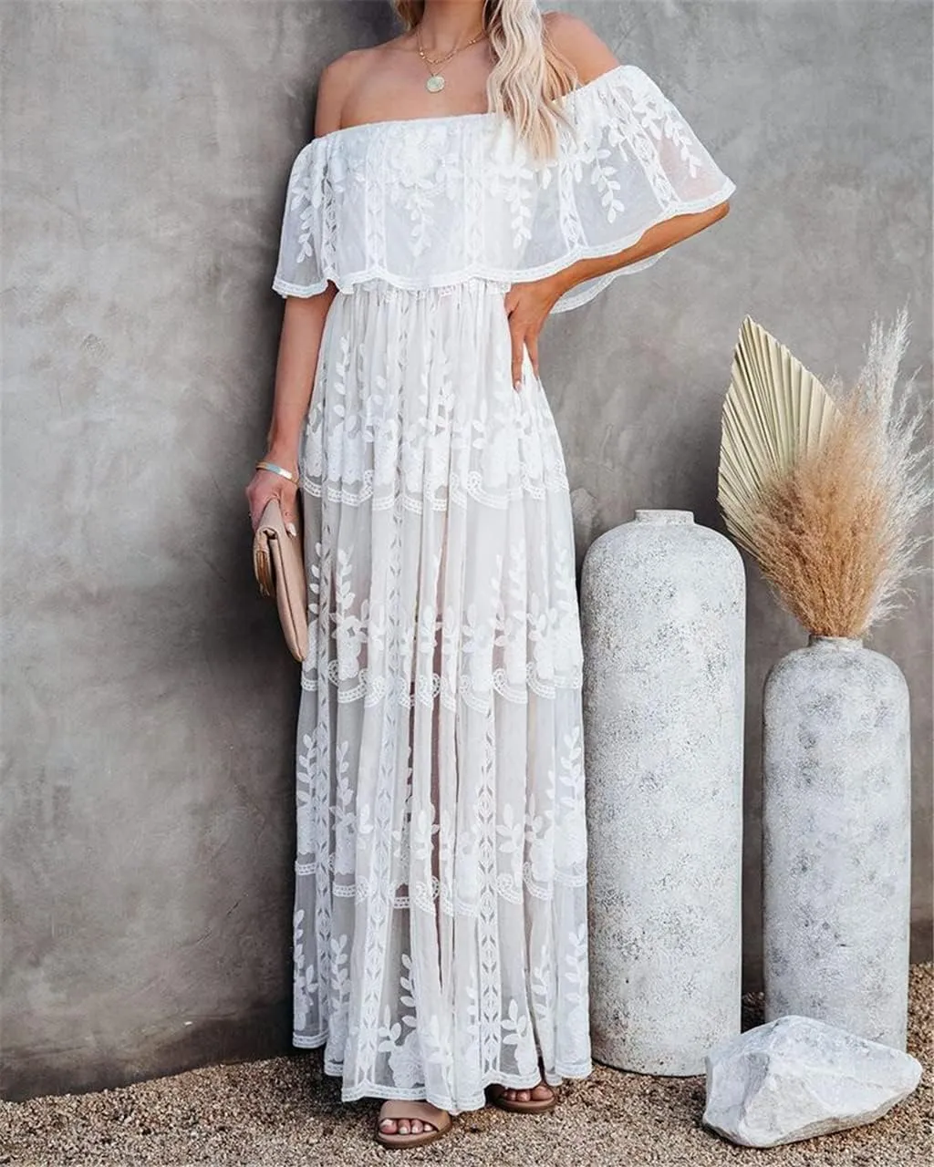 HOYISHION Women's Off The Shoulder Floral Lace Maxi Dress White Bridesmaid Wedding Party Maternity Photoshoot Long Dresses