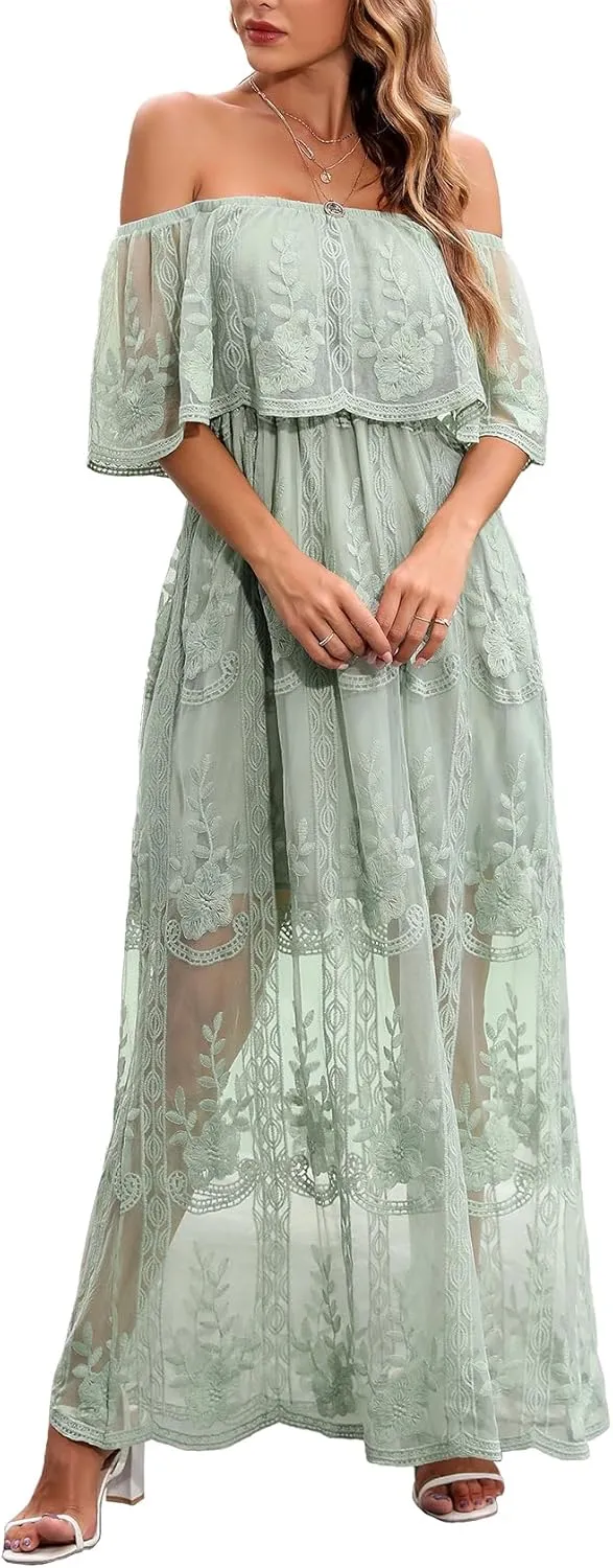 HOYISHION Women's Off The Shoulder Floral Lace Maxi Dress White Bridesmaid Wedding Party Maternity Photoshoot Long Dresses