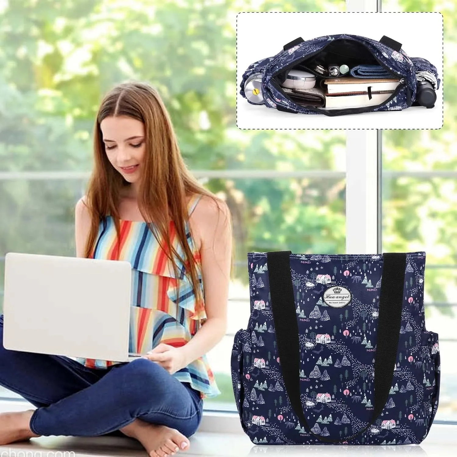 HUA ANGEL Floral Tote Bag - Casual Shoulder Bag Daily Tote Bag with Zipper Gym Travel Shopping Work Handbag for Women