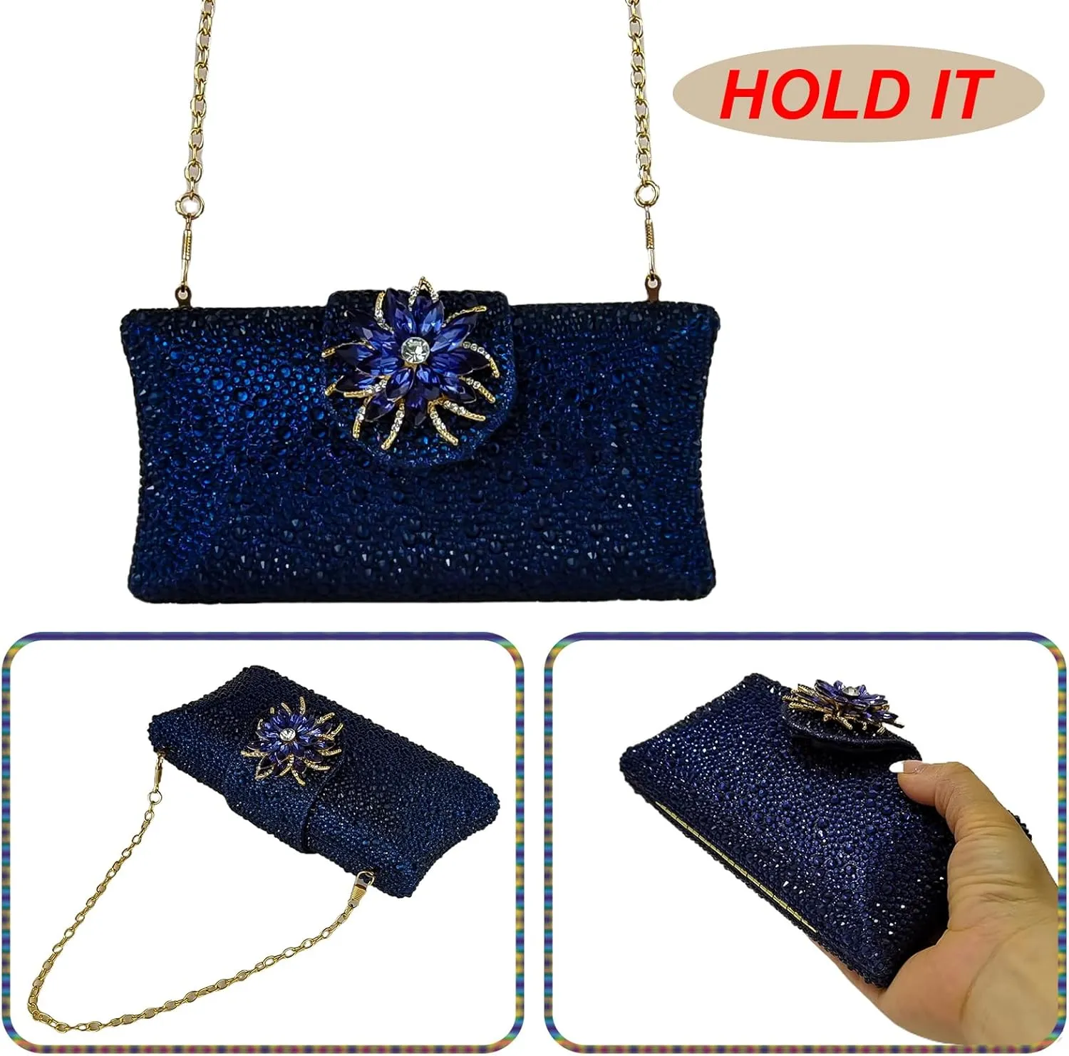 HUANG ZHUANG Elegant Flower Clutch Solid Rhinestone Handbags For Women Evening Bag Party Purse Bridal Prom Bag