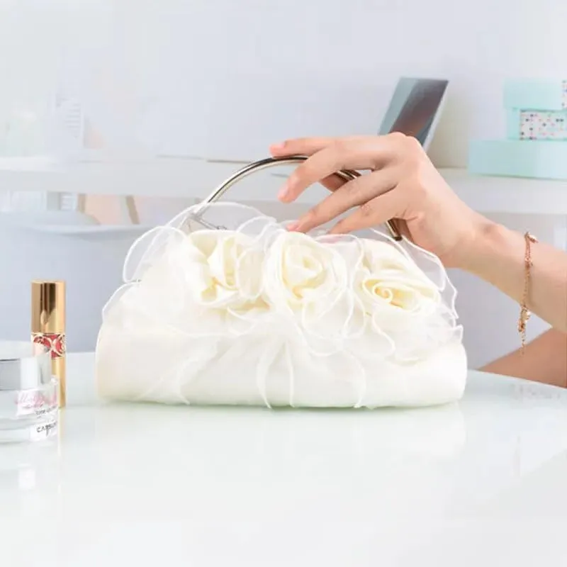 HUFFA Satin Purses and Handbags Women Flower Evening Bag Solid Luxury White Floral Bags Bride Day Clutches Dinner Bag (Color : Beige, Size : One Size)