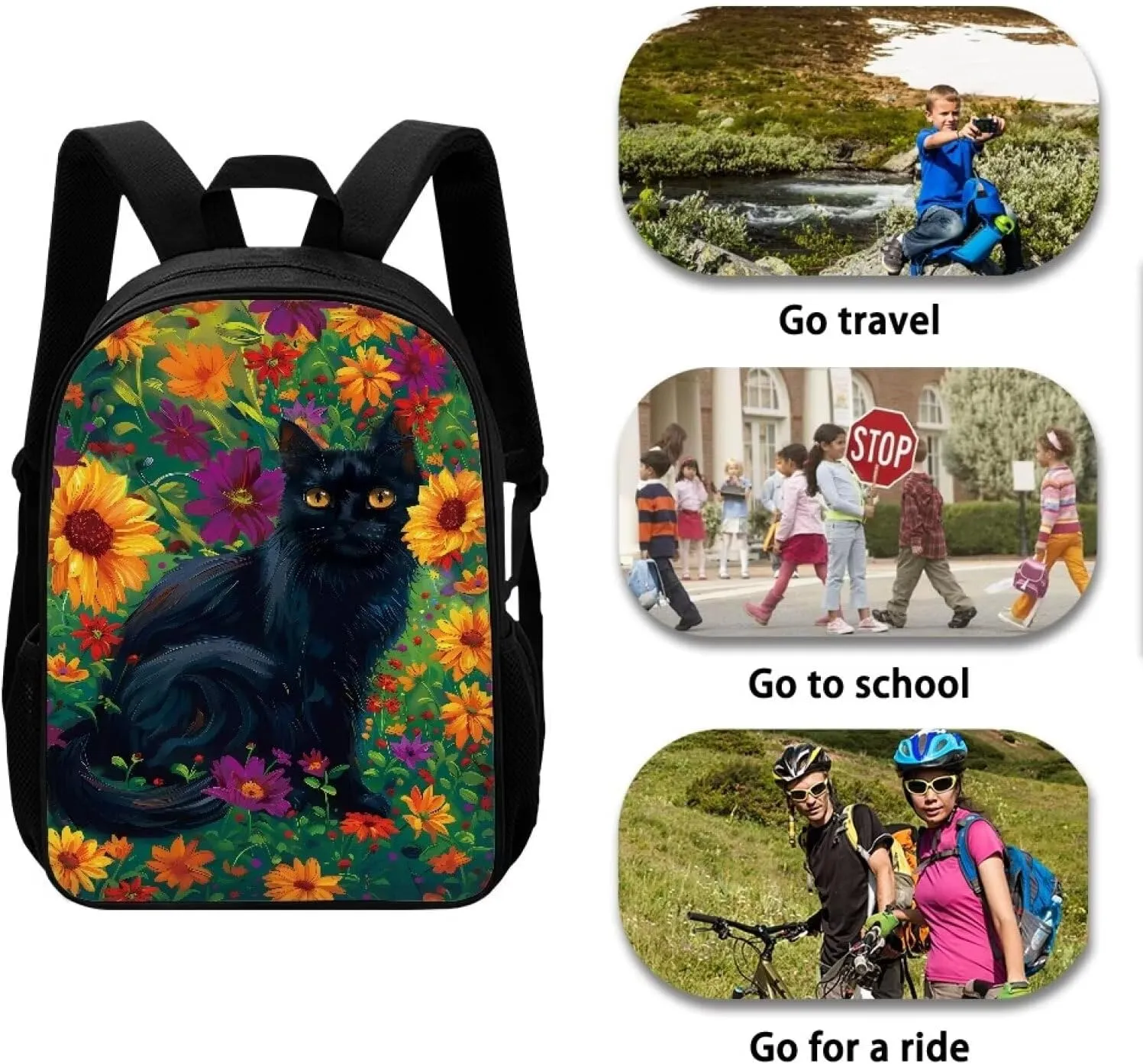HUGS IDEA Black Cat Floral School Backpack Elementary Shoulder Bookbags for Girls Large Capacity Satchel Rucksacks
