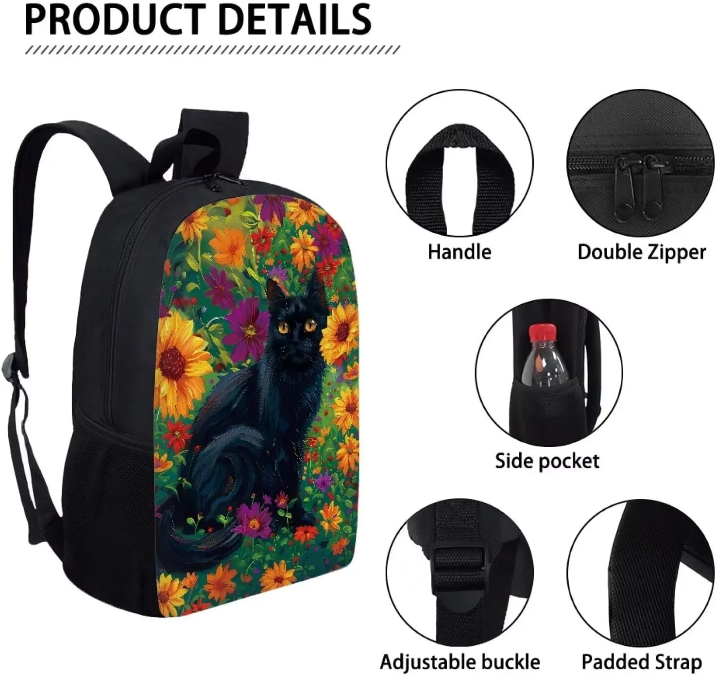 HUGS IDEA Black Cat Floral School Backpack Elementary Shoulder Bookbags for Girls Large Capacity Satchel Rucksacks