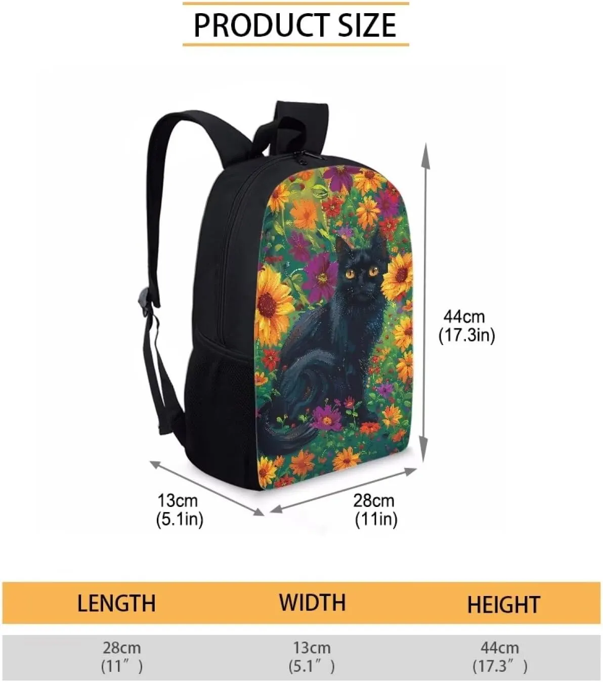 HUGS IDEA Black Cat Floral School Backpack Elementary Shoulder Bookbags for Girls Large Capacity Satchel Rucksacks