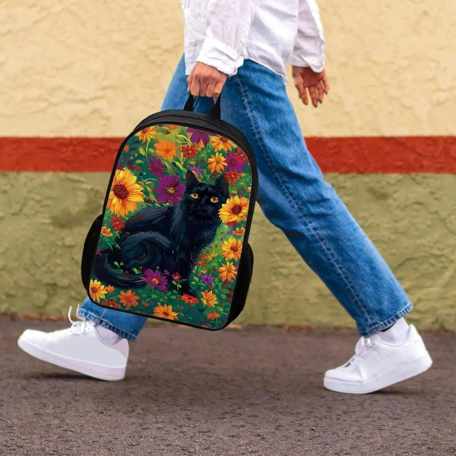 HUGS IDEA Black Cat Floral School Backpack Elementary Shoulder Bookbags for Girls Large Capacity Satchel Rucksacks