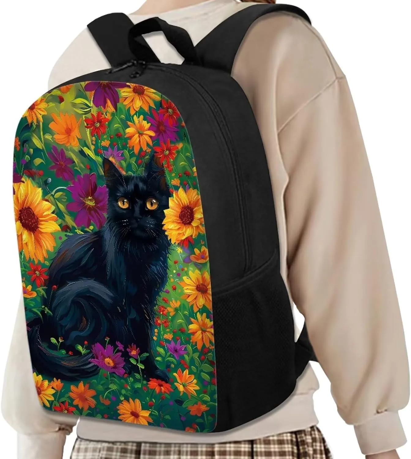 HUGS IDEA Black Cat Floral School Backpack Elementary Shoulder Bookbags for Girls Large Capacity Satchel Rucksacks