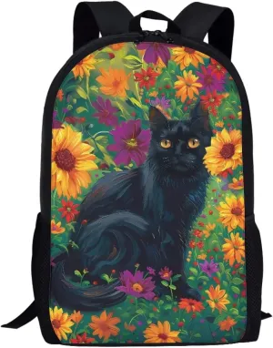 HUGS IDEA Black Cat Floral School Backpack Elementary Shoulder Bookbags for Girls Large Capacity Satchel Rucksacks