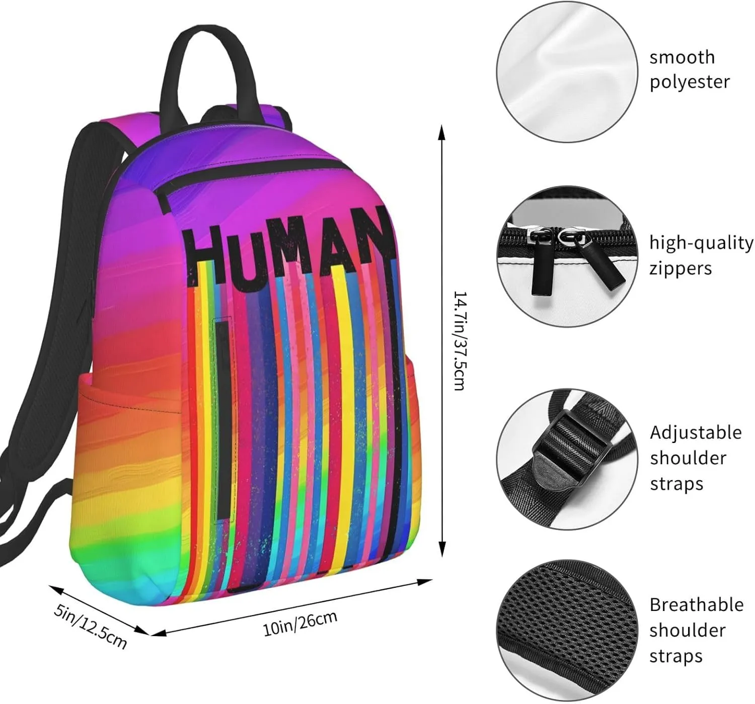 Human LGBT Rainbow Gay Pride Flag Travel Laptop Backpack Casual Backpacks Double Shoulder Daypack Notebook Rucksack Work Bags Sports Bag for Gym Hiking Camping Beach