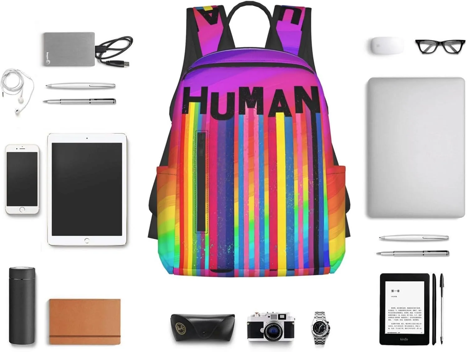 Human LGBT Rainbow Gay Pride Flag Travel Laptop Backpack Casual Backpacks Double Shoulder Daypack Notebook Rucksack Work Bags Sports Bag for Gym Hiking Camping Beach
