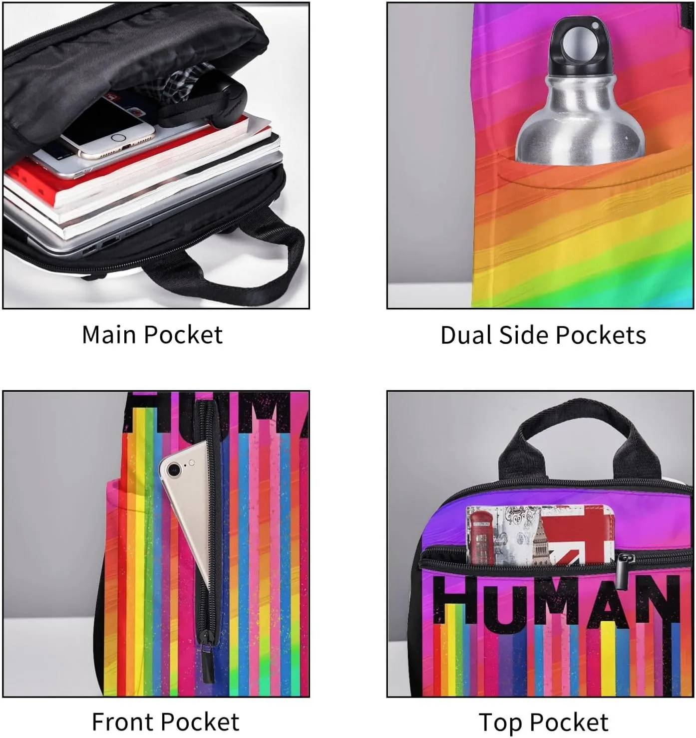 Human LGBT Rainbow Gay Pride Flag Travel Laptop Backpack Casual Backpacks Double Shoulder Daypack Notebook Rucksack Work Bags Sports Bag for Gym Hiking Camping Beach
