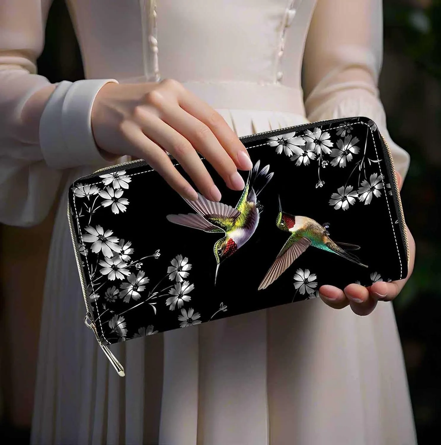 Hummingbirds Print Women Large Capacity Wallet PU Leather Zipper Clutch Purse for Smart Phone/Card/Coin/Cash