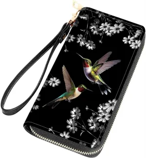 Hummingbirds Print Women Large Capacity Wallet PU Leather Zipper Clutch Purse for Smart Phone/Card/Coin/Cash