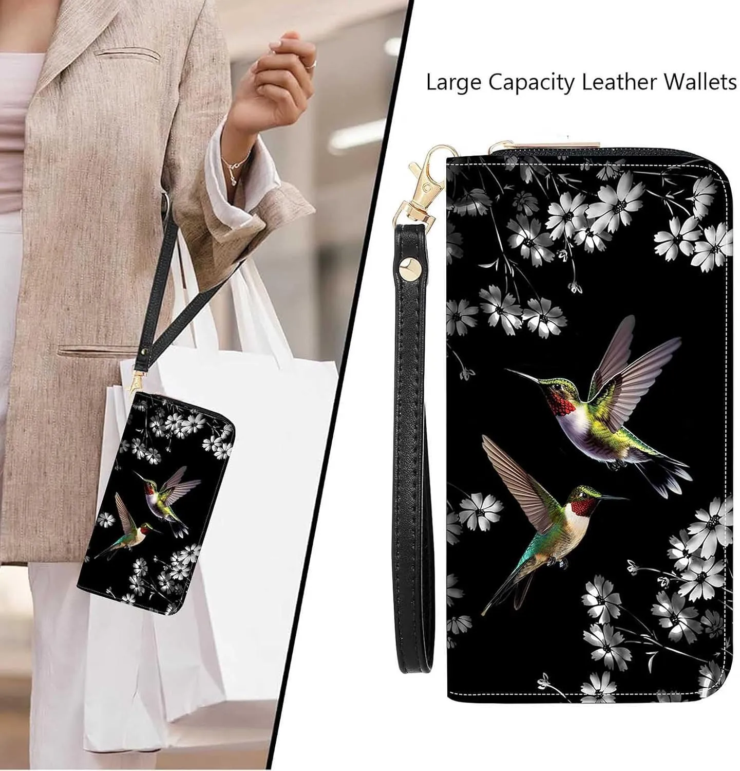 Hummingbirds Print Women Large Capacity Wallet PU Leather Zipper Clutch Purse for Smart Phone/Card/Coin/Cash