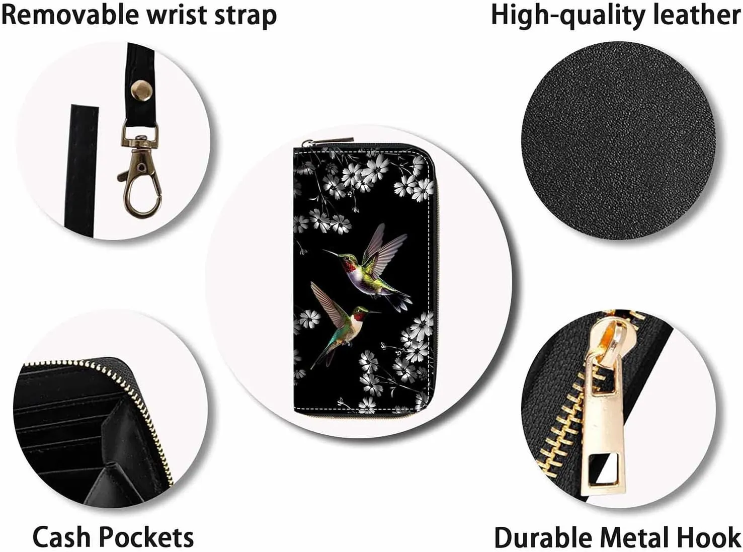 Hummingbirds Print Women Large Capacity Wallet PU Leather Zipper Clutch Purse for Smart Phone/Card/Coin/Cash