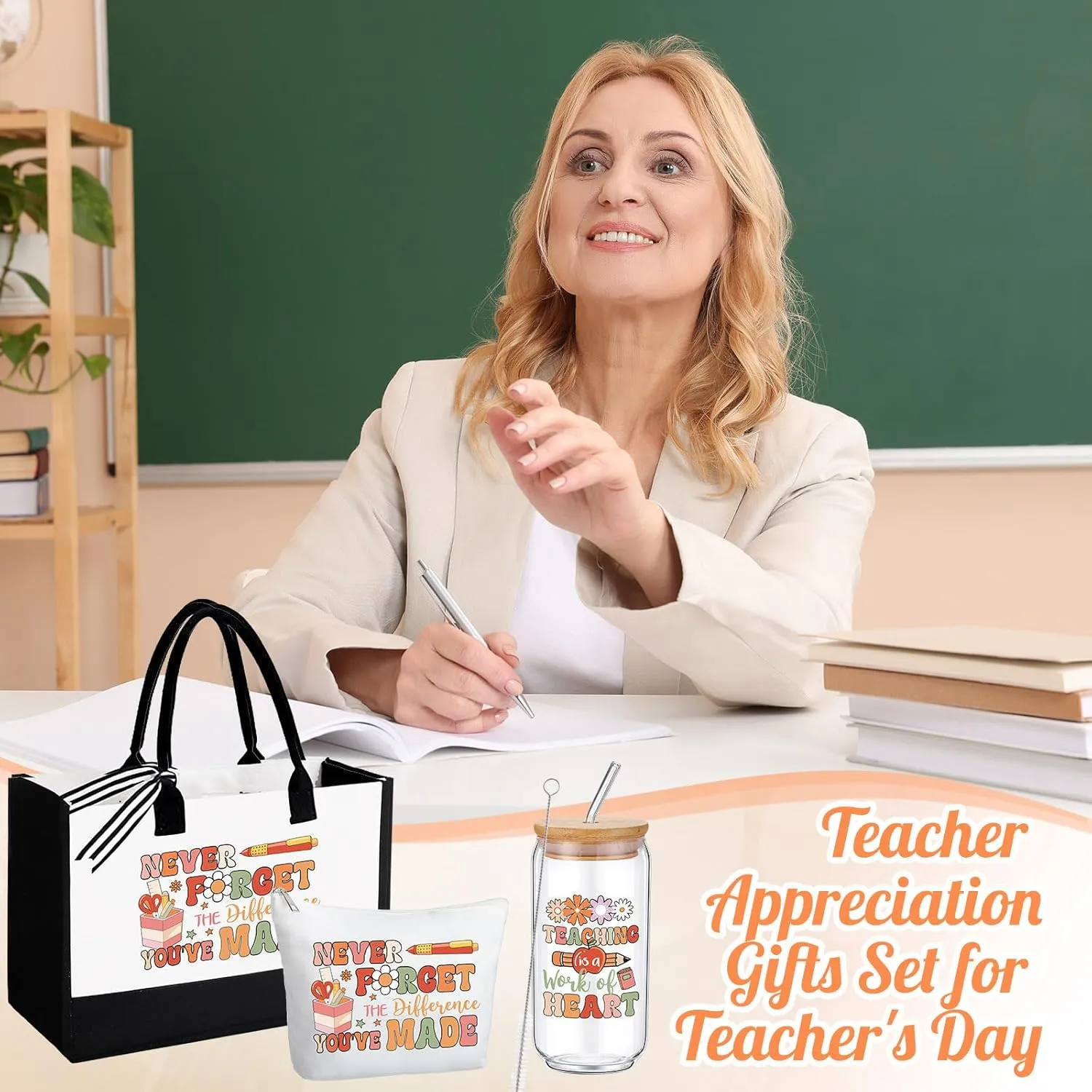 Hushee 6 Pcs Teacher Appreciation Gift for Women Include 2 Set Teacher Tote Bag Tumbler and Makeup Bag
