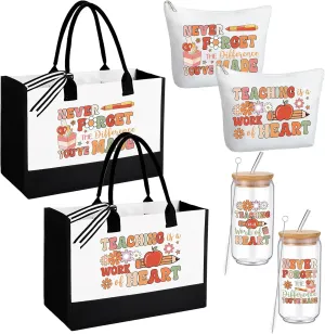 Hushee 6 Pcs Teacher Appreciation Gift for Women Include 2 Set Teacher Tote Bag Tumbler and Makeup Bag