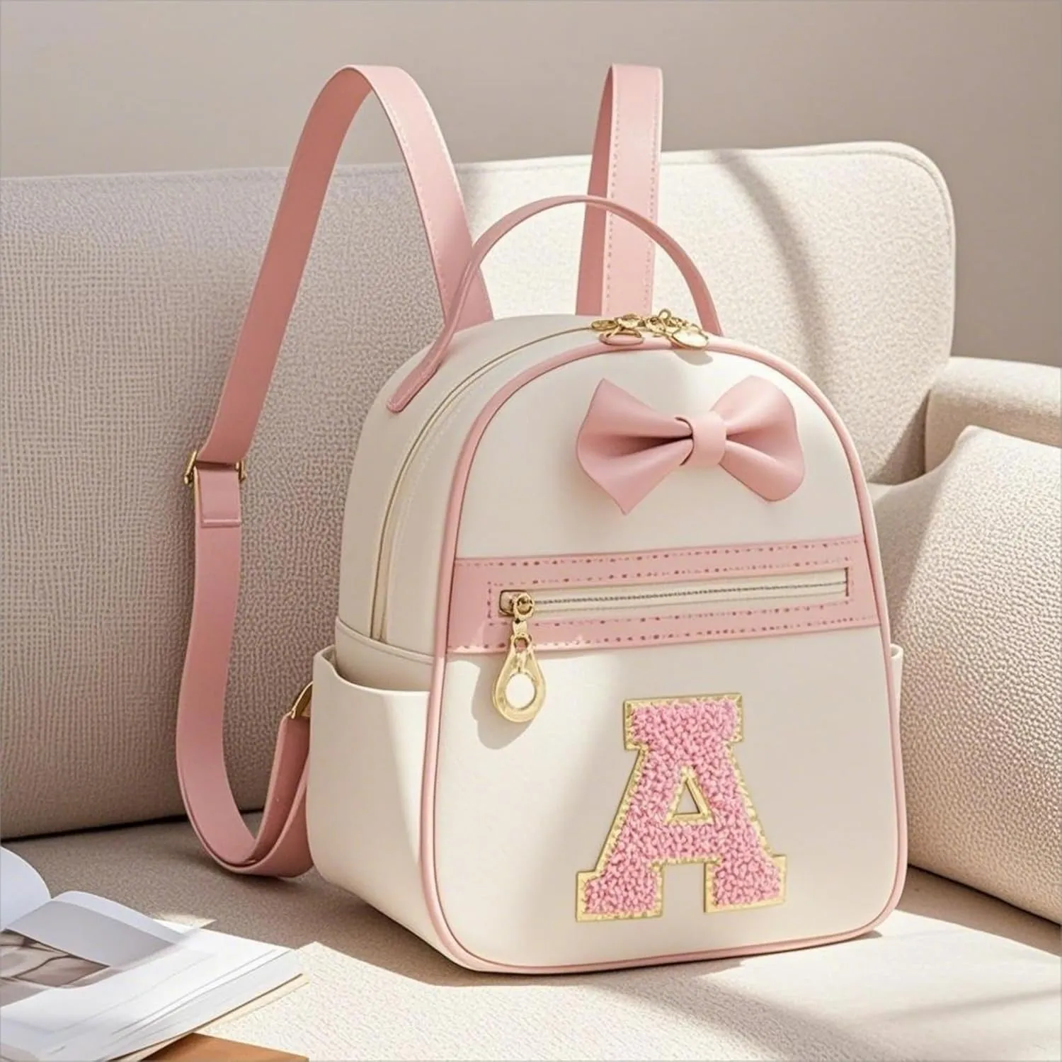 I IHAYNER Girls Initial Bowknot Small Leather Backpack Cute Mini Backpack Personalized Trendy Stuff Gifts for Women Pink-K