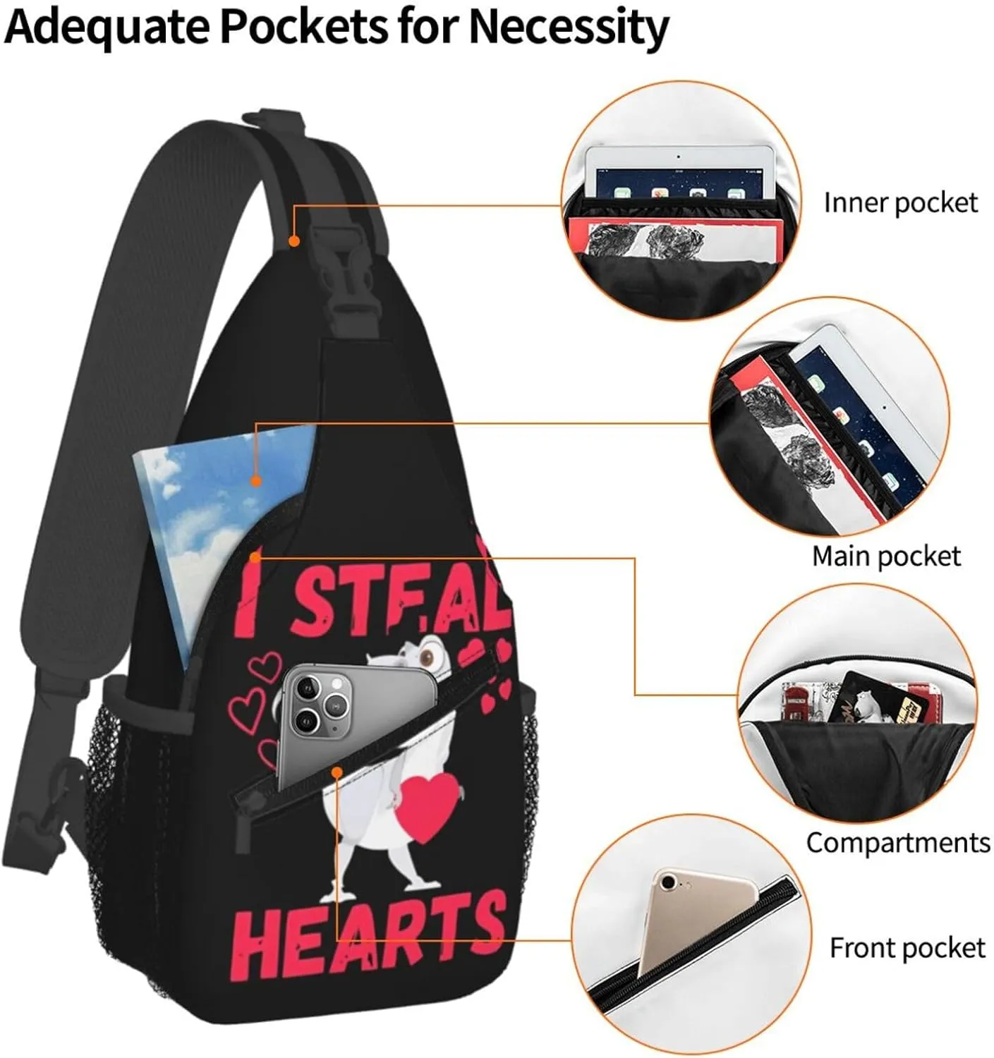 I Steal Hearts Trex Dino Chest Sling Bag Crossbody Shoulder Backpack Bag Gym Cycling Travel Hiking Daypack Cross Bag