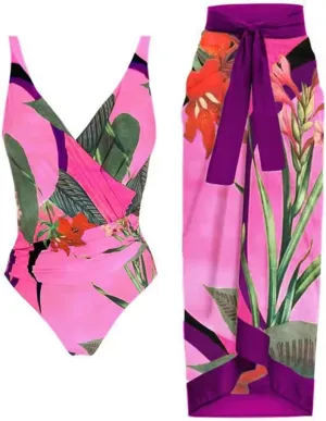 IBTOM CASTLE Women One Piece Swimsuit with Long Cover up Wrap Skirt Two Piece Bathing Suit Retro Monokini Summer Beach Outfit