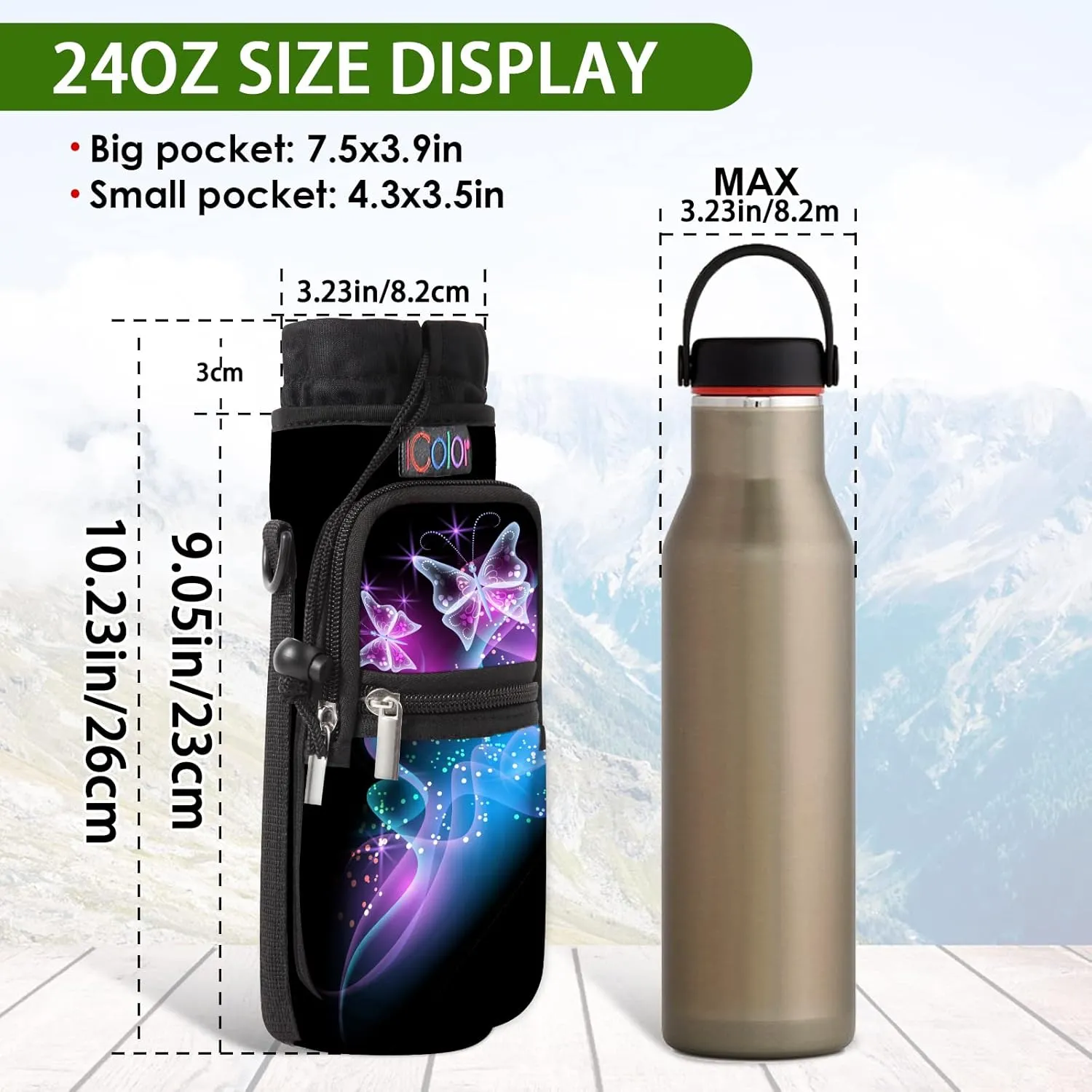 icolor Water Bottle Carrier Bag with Strap 25/32/40/64oz Crossbody Water Bottle Holder with Phone Pocket Sling Sleeve Insulated Neoprene Water Bottle Pouch for Walking Hiking Travelling