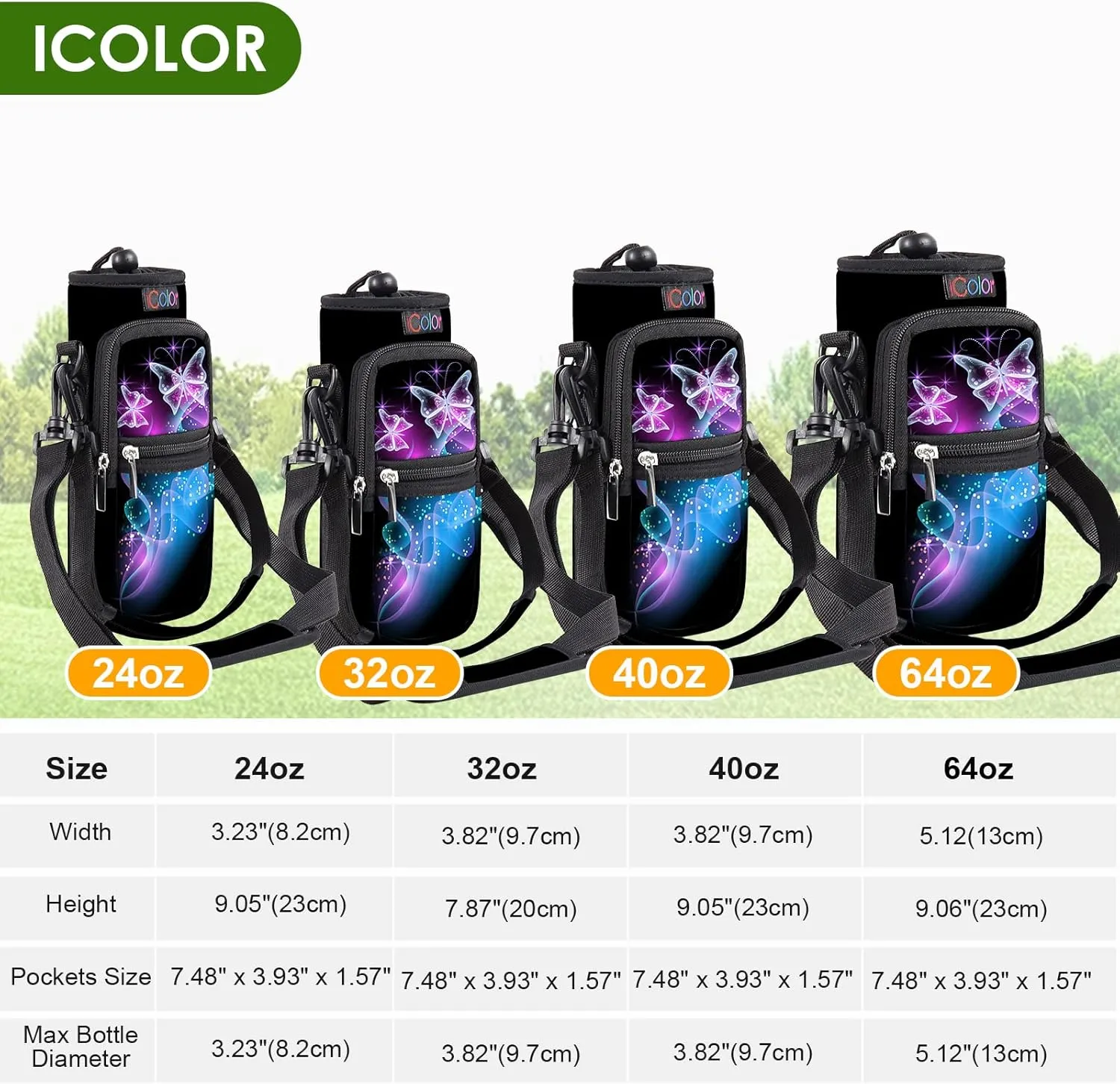 icolor Water Bottle Carrier Bag with Strap 25/32/40/64oz Crossbody Water Bottle Holder with Phone Pocket Sling Sleeve Insulated Neoprene Water Bottle Pouch for Walking Hiking Travelling