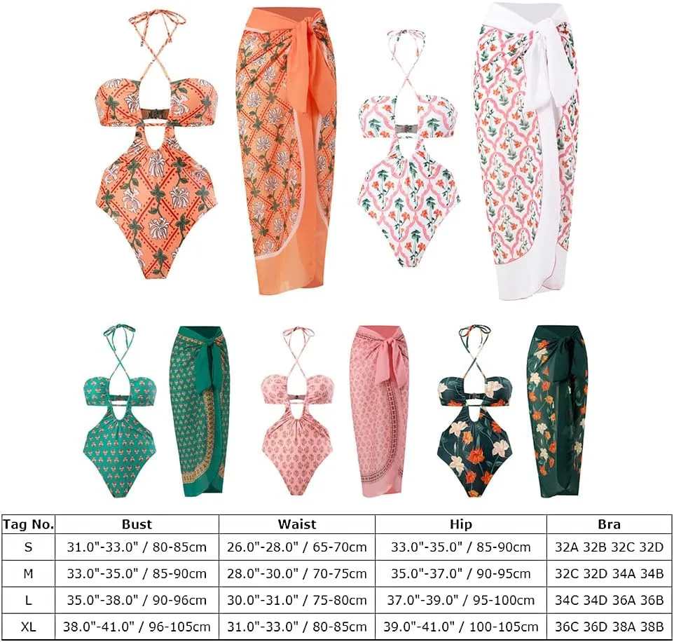 IDOPIP Women's One Piece Swimsuit with Beach Cover up Wrap Skirt Sarong Retro Floral Print Bikini Set Two Piece Bathing Suit