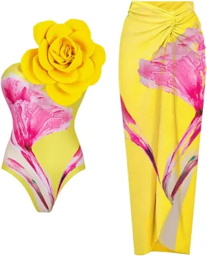 IDOPIP Women's One Piece Swimsuit with Beach Cover up Wrap Skirt Sarong Retro Floral Print Bikini Set Two Piece Bathing Suit