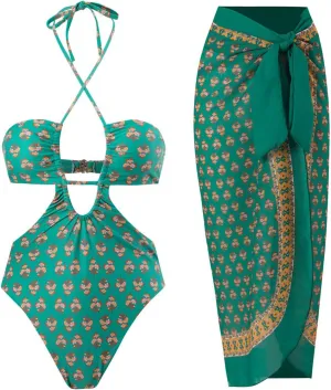 IDOPIP Women's One Piece Swimsuit with Beach Cover up Wrap Skirt Sarong Retro Floral Print Bikini Set Two Piece Bathing Suit